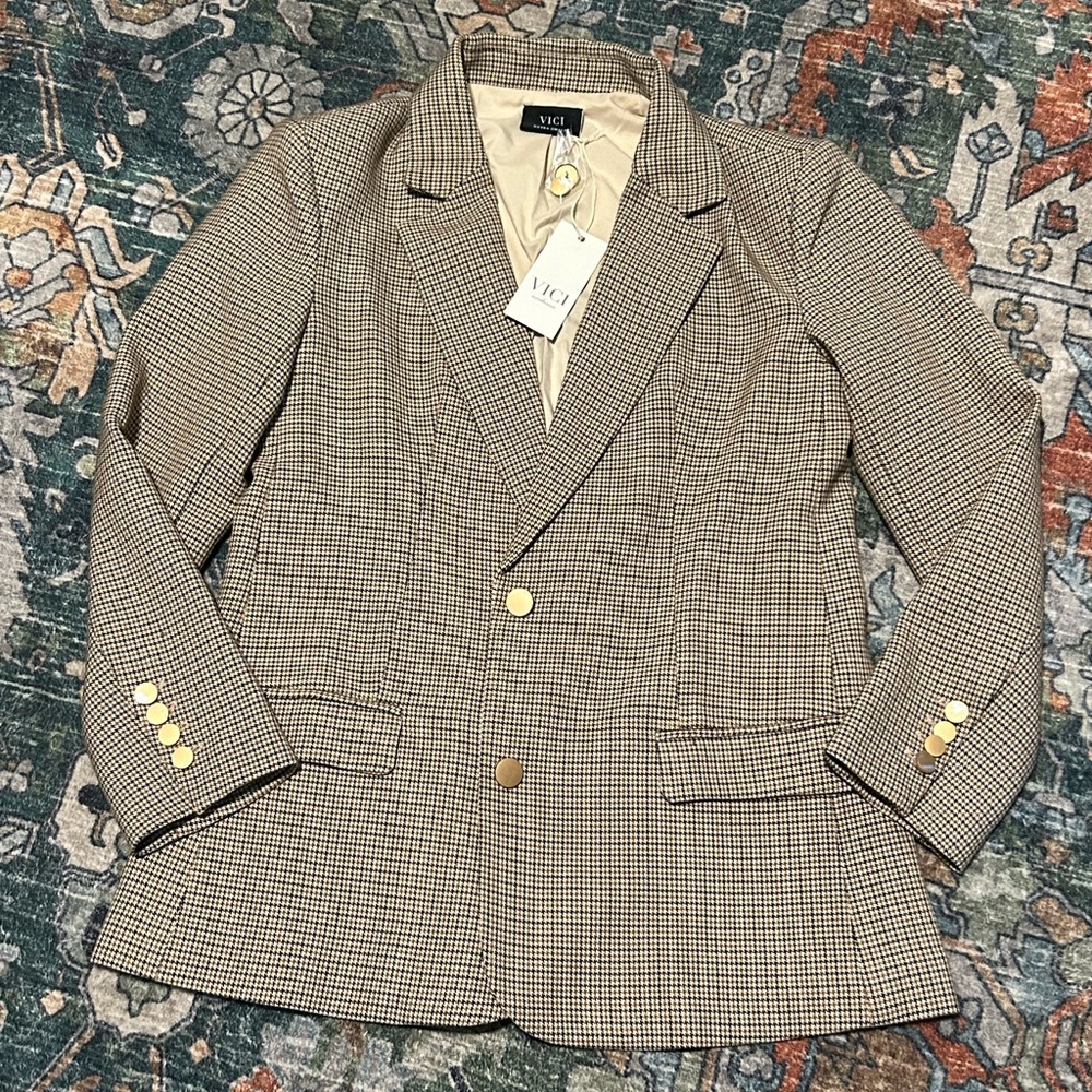 Vici Women's Checkered Blazer with Gold Accents